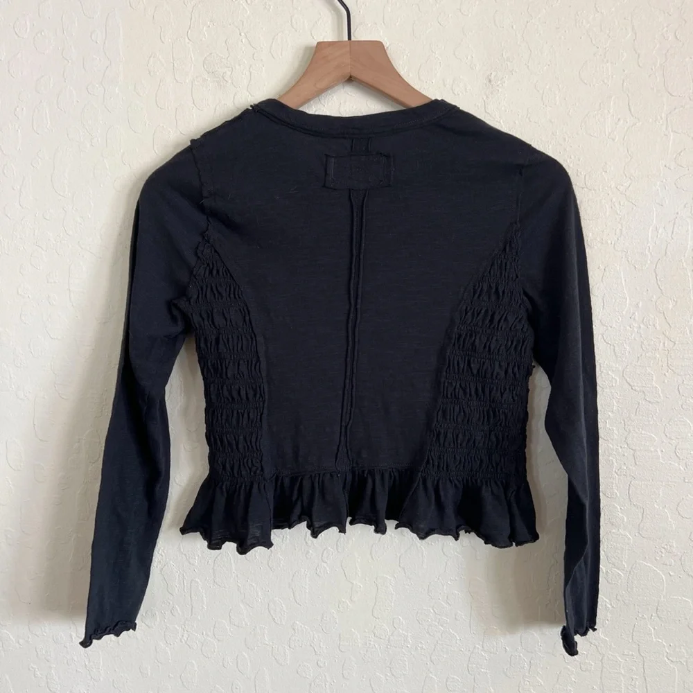 Free People Black Smocked Ruffle Hem Long Sleeve Top
